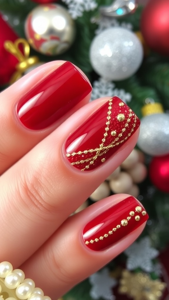 Elegant Gold and Red Christmas Nail Art Elegant Christmas nails with red and gold design, showcasing festive nail art.